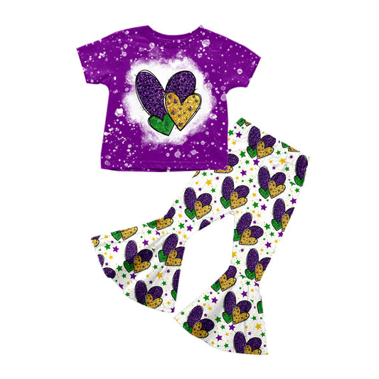 X925Preorder (moq 5)Baby Girls Purple Yellow Green Hearts Top Bell Bottom Pants Mardigras Clothes Sets