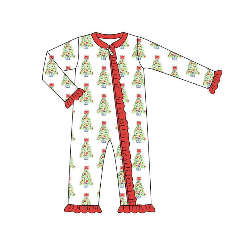 7.14Preorder (moq 5)Baby Girls Long Sleeves Red Bows Trees Plaid Ruffle Zipper Romper