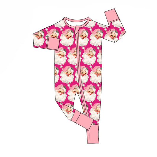 X920Preorder (moq 5)Baby Girls Pink Santa Checked Christmas Zipper Footie Rompers