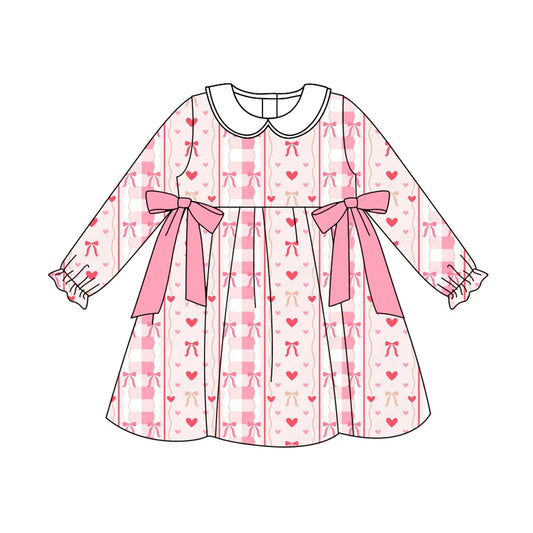 7.21Preorder (moq 5)Baby Girls Long Ruffle Sleeves Pink Bows Hearts Stripe Knee Length Dress