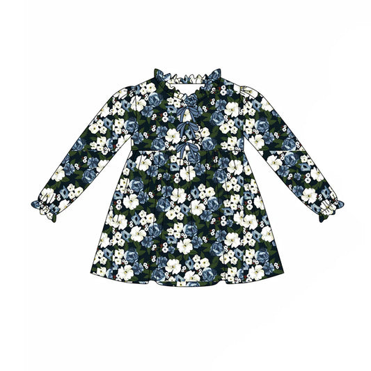 7.30Preorder(moq 5) Baby Girls Long Ruffle Sleeves Hot Blue Floral Knee Length Dresses