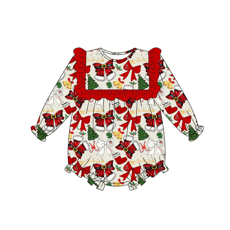 7.14Preorder (moq 5)Baby Girls Long Sleeves Red Bows Trees Holly Plaid Ruffle Romper