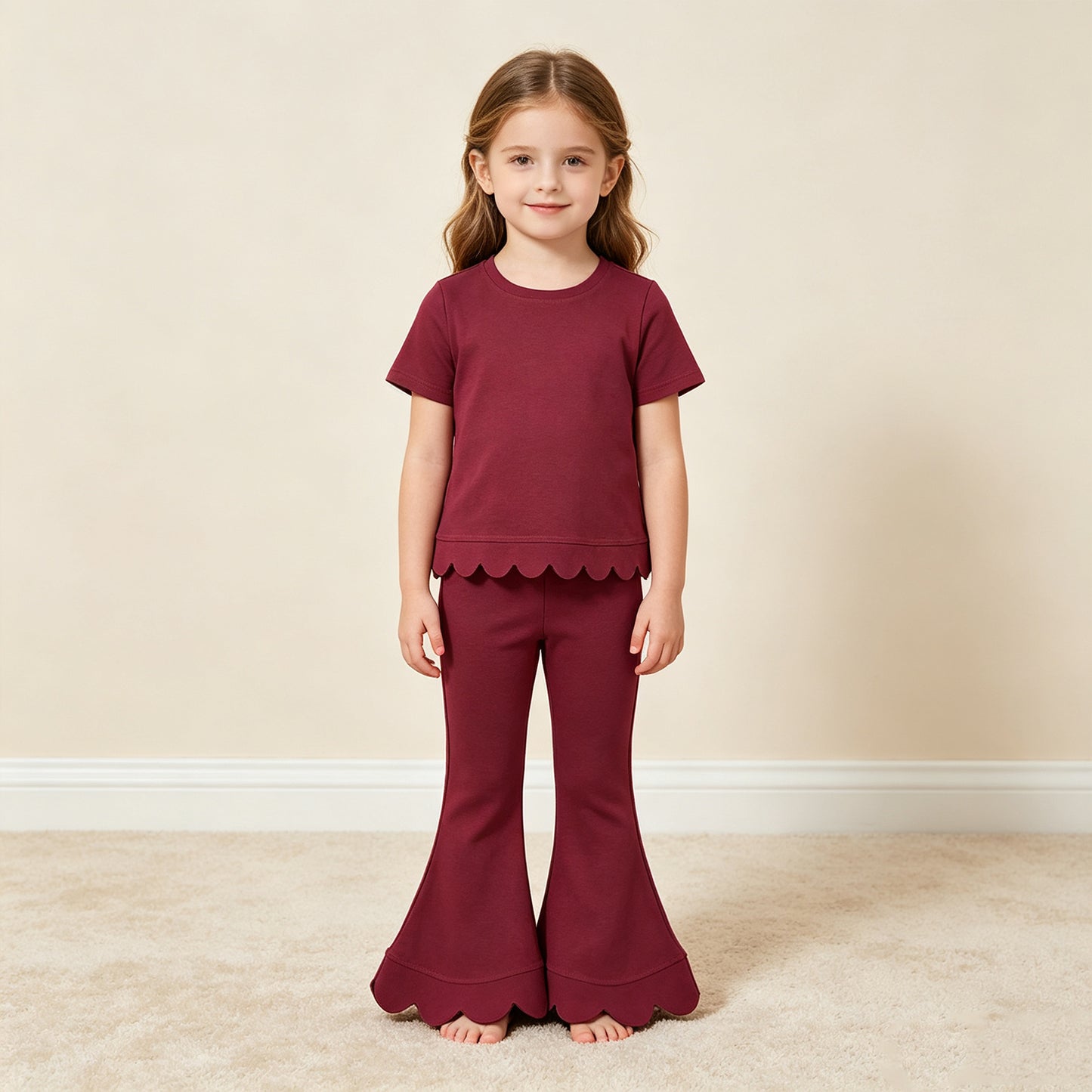 NEW RTS NO MOQ cotton GSPO2341（GT1771+P1079）Baby Girls Red Short Sleeve Shirts Top Flare Pant Scallop Clothes Sets