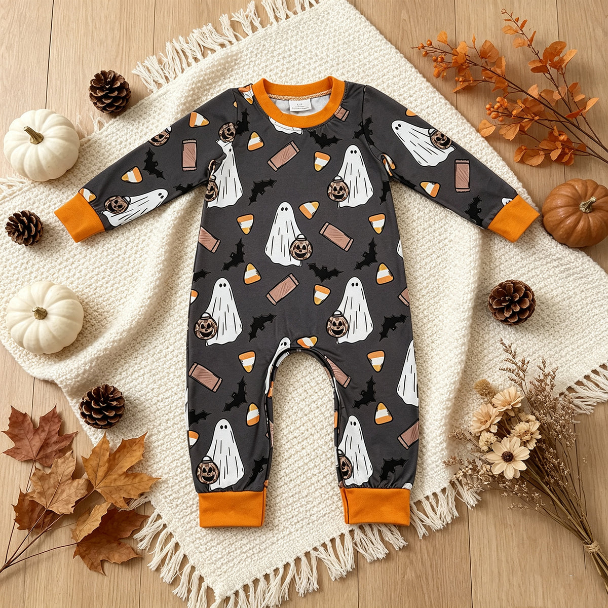 NEW RTS NO MOQ milk silk LR3241 Baby Boys Long Sleeve Ghosts Pumpkins Halloween Pant Romper