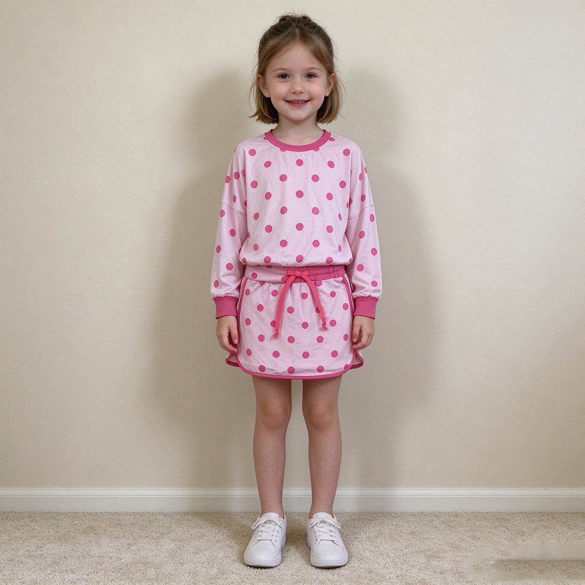 NEW RTS NO MOQ milk silk GLD1765 Baby Girls Pink Polka Dots Long Sleeve Top Skirt Short Clothes Set