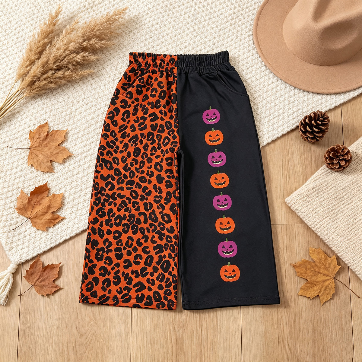 NEW RTS NO MOQ milk silk P1136 Baby Girls Ghost Pumpkins Leopard Halloween Pockets Flare Pants Bottom
