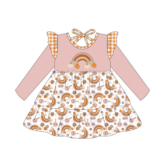 7.11Preorder (moq 5)Baby Girls Long Sleeves Rainbows Pumpkins Flowers Knee Length Dresses