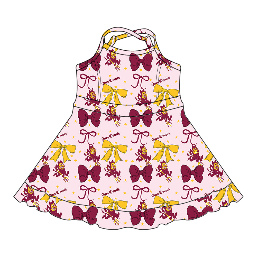6.24 Burgundy bow girl suspender dress