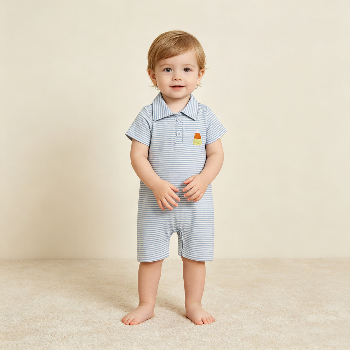NEW RTS NO MOQ milk silk SR4281 Embroidery Candy Baby Boys Blue Stripe Halloween Button Romper