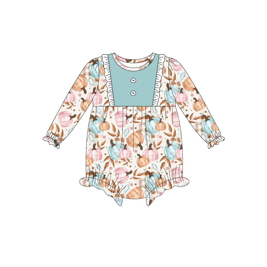 7.14Preorder (moq 5)Baby Girls Long Sleeves Button Colorful Pumpkins Plaid Ruffle Romper