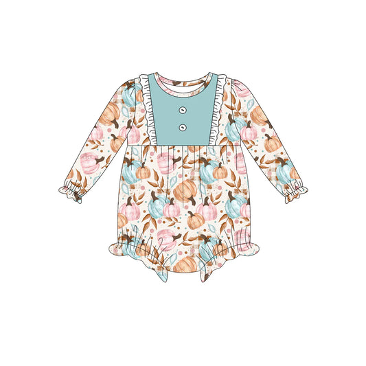 7.14Preorder (moq 5)Baby Girls Long Sleeves Button Colorful Pumpkins Plaid Ruffle Romper