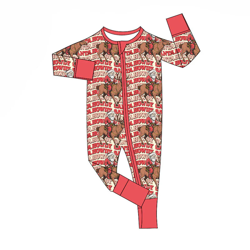 X920Preorder (moq 5)Baby Boys Santa Deer Howdy Checked Christmas Zipper Footie Rompers