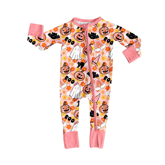 8.7preorder(moq 5)Baby Infant Boys Long Sleeves Flowers Ghosts Halloween Zipper Rompers