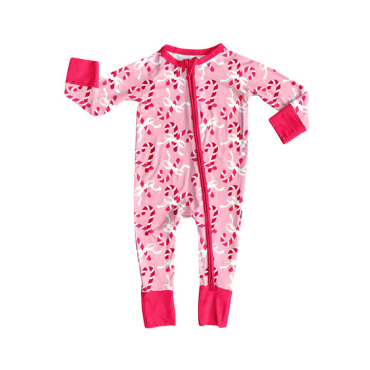 7.14Preorder (moq 5)Baby Girls Long Sleeves Pink Bows Candy Cane Plaid Zipper Romper