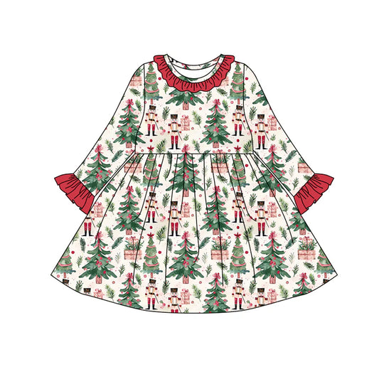 8.9Preorder (moq 5)Baby Girls Christmas Trees Soldiers Plaid Ruffle Knee Length Dresses
