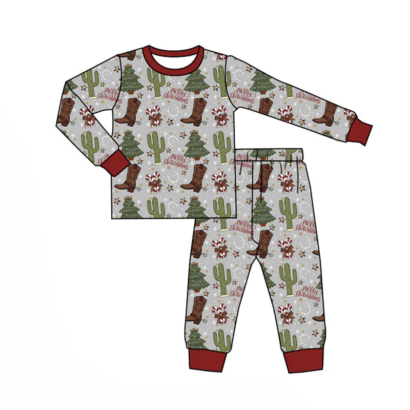 X920Preorder (moq 5)Baby Boys Boots Cactus Candy Cane Top Pants Merry Christmas Pajamas Sets