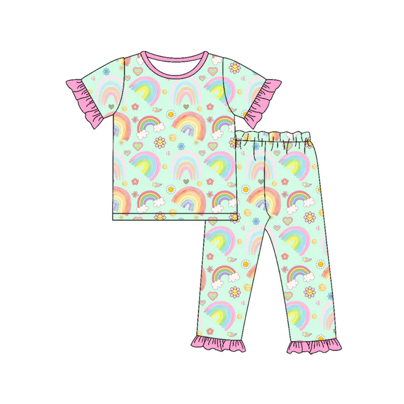 X1.15 Preorder (moq 5)Baby Girls Rainbow Flower Hearts Top Ruffle Pants Valentines Pajamas Sets