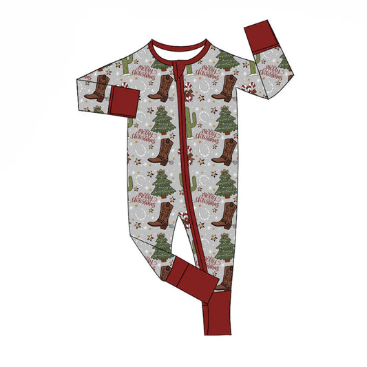 X920Preorder (moq 5)Baby Boys Boots Cactus Candy Cane Merry Christmas Zipper Footie Rompers