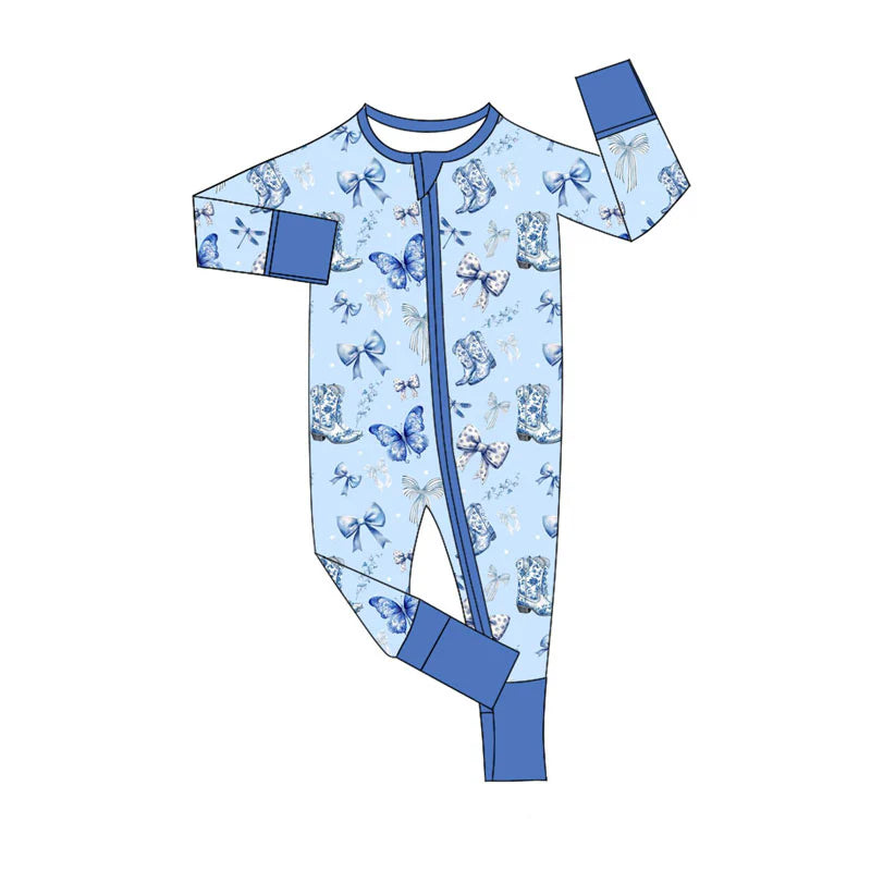 X924Preorder (moq 5)Baby Boys Purple Checked Boots Bows Zipper Footie Rompers