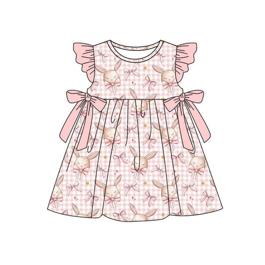 X11.17Preorder(moq 5) Baby Girls Pink Flutter Sleeve Bows Rabbits Checked Easter Knee Length Dresses