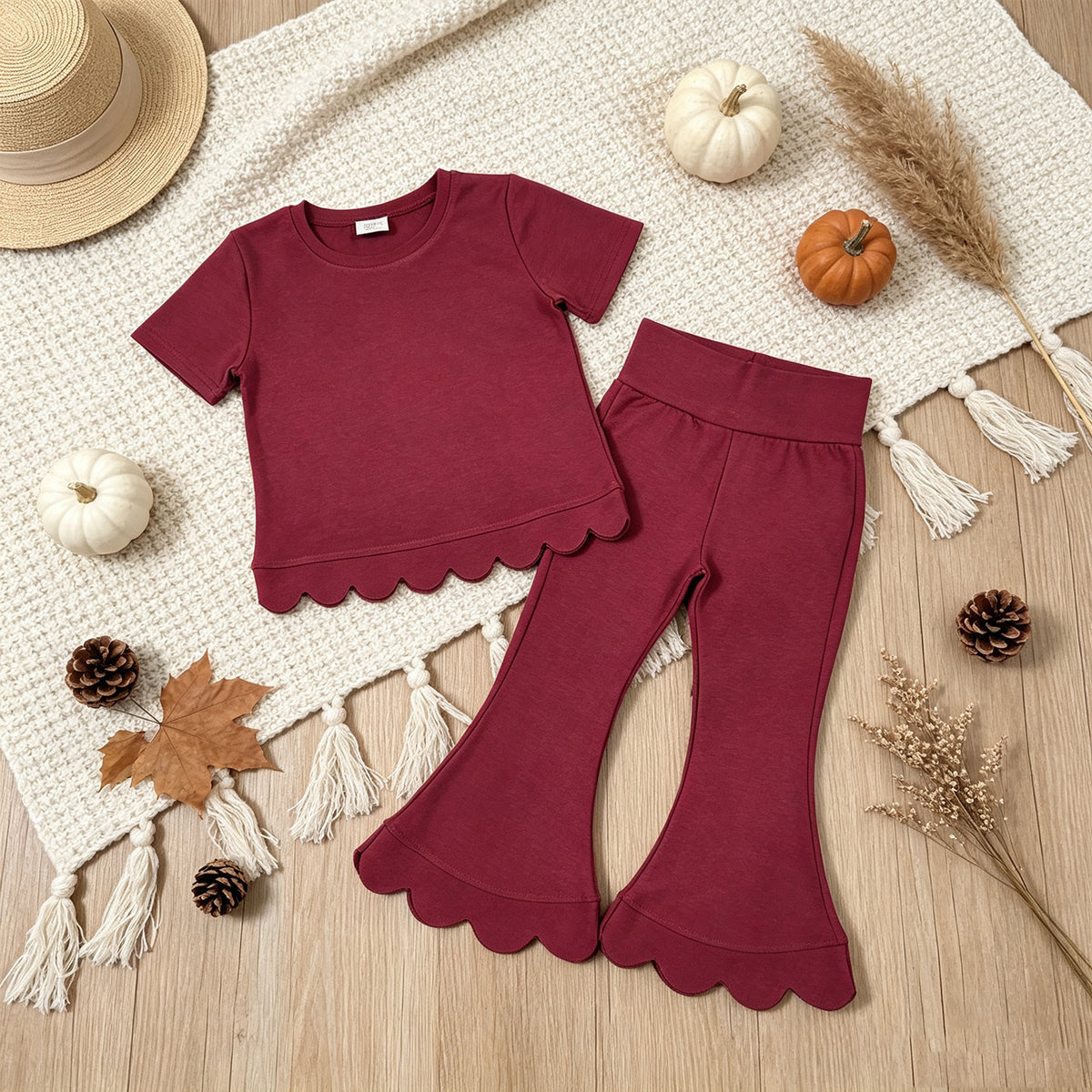 NEW RTS NO MOQ cotton GSPO2341（GT1771+P1079）Baby Girls Red Short Sleeve Shirts Top Flare Pant Scallop Clothes Sets