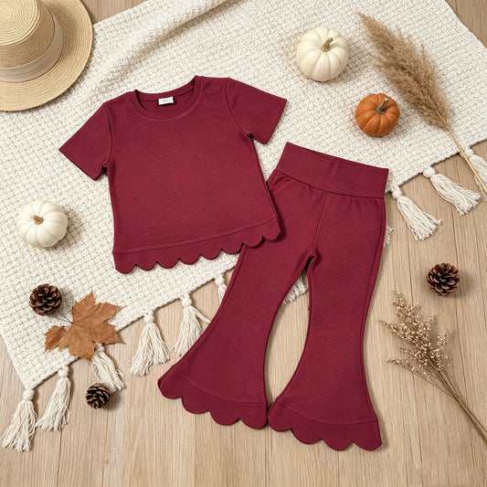 NEW RTS NO MOQ cotton GSPO2341（GT1771+P1079）Baby Girls Red Short Sleeve Shirts Top Flare Pant Scallop Clothes Sets
