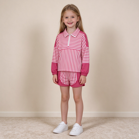 NEW RTS NO MOQ yoga fabric GLS0106 (GT1715+SS0949) Yoga Baby Girls Pink Stripe Print Zip Pullover Matching Shorts Two Piece Yoga Active Clothes Set