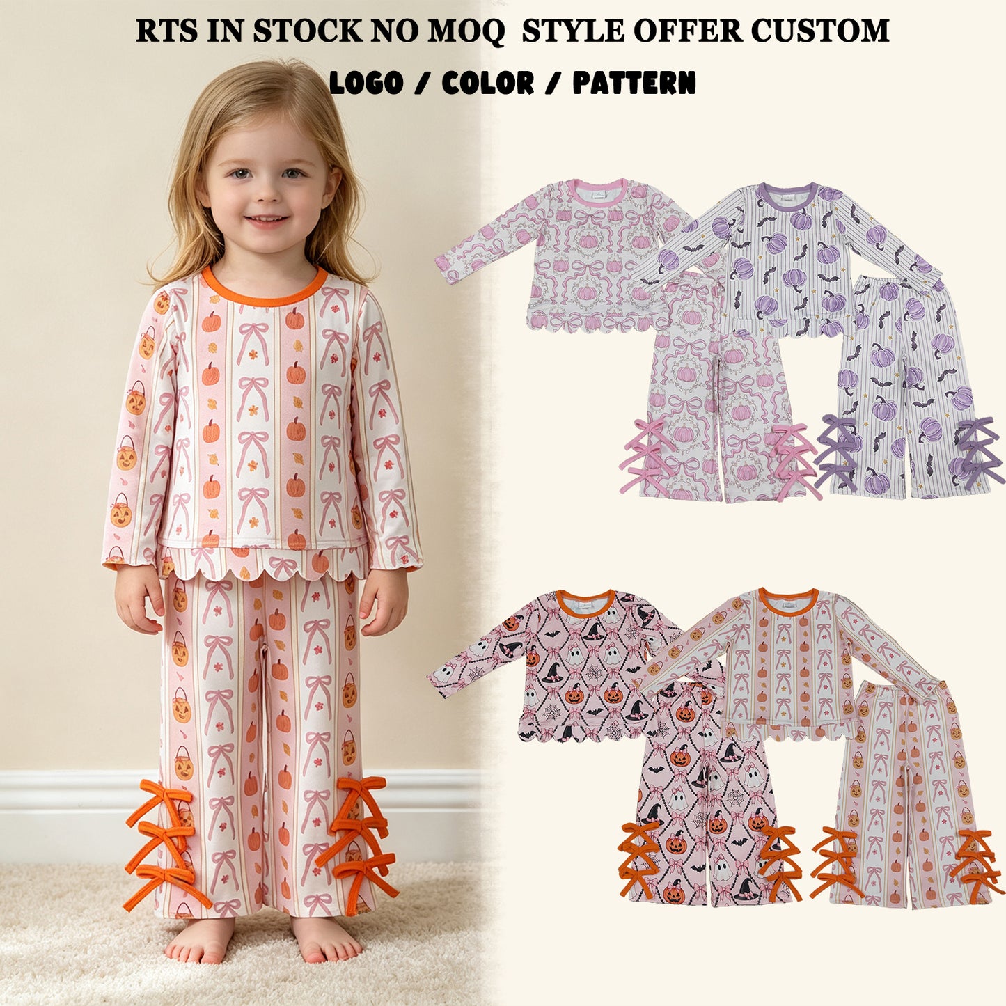 RTS NO MOQ Sibling milk silk Baby Girls Pumpkins Stripe Scallop Top Bows Pants Halloween Clothes Set