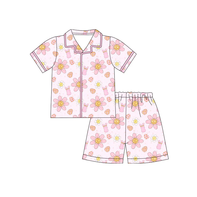 X12.18 Preorder (moq 5)Baby Girls Egg Flowers Rabbits Button Top Shorts Easter Pajamas Sets