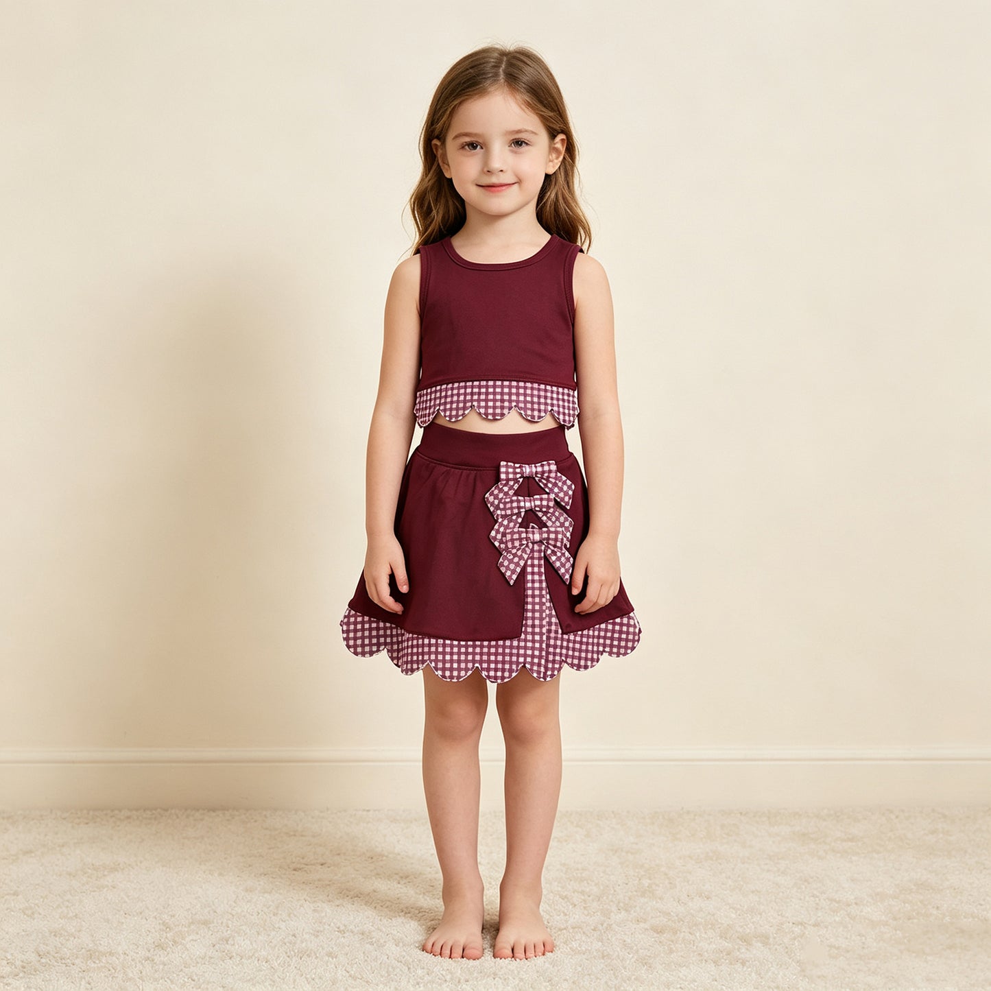 NEW RTS NO MOQ Yoga GSD4266 Baby Girls Maroon Vests Bows Skirt Short Yoga Active Scallop Clothes Set