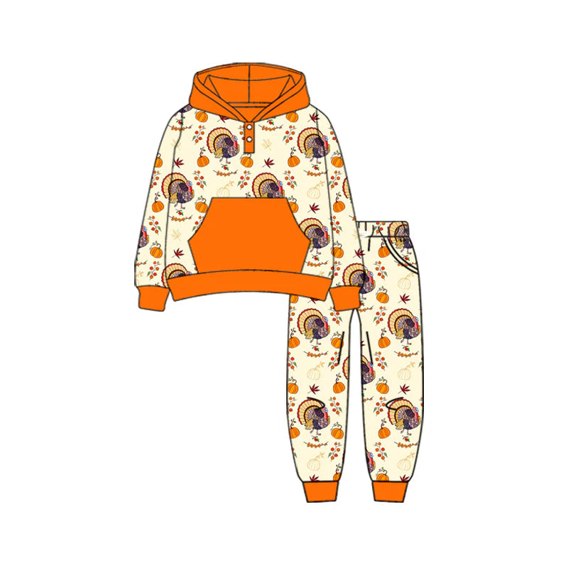 7.11Preorder (moq 5)Baby Boys Long Sleeves Pumpkins Turkey Button Pockets Hoodies Top Legging Pants Fall Set