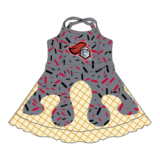 7.2Preorder (moq 5)Baby Girls Gray Strap Spartan Drip Shorts Ruffle Team Knee Length Dress
