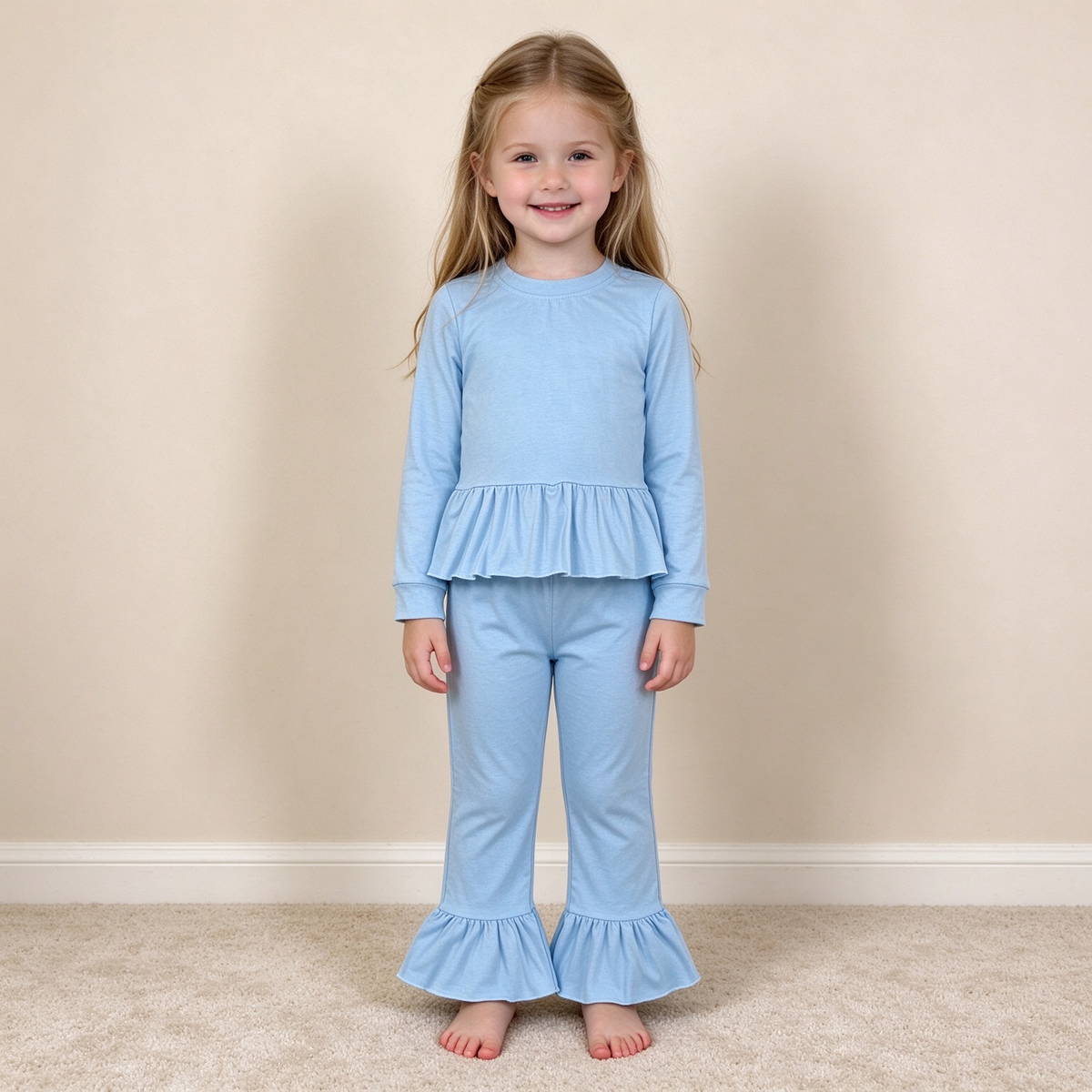 NEW RTS NO MOQ milk silk GLP3748 Baby Girls Light Blue Long Sleeve Tunic Ruffle Pant Clothes Set
