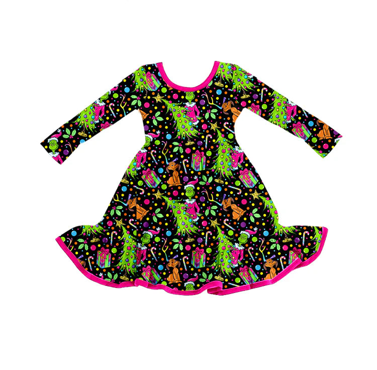 X922Preorder (moq 5)Baby Girls Christmas Green Face Tree Pink Knee Length Dresses