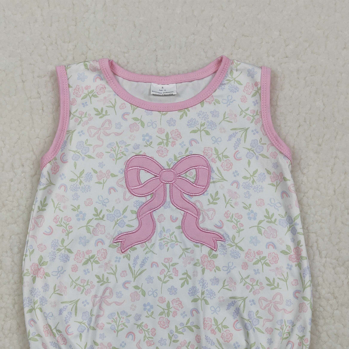 3.30 SR3727 Embroidery Pink Bow Baby Girls Sleeveless Flowers Ruffle Rompers