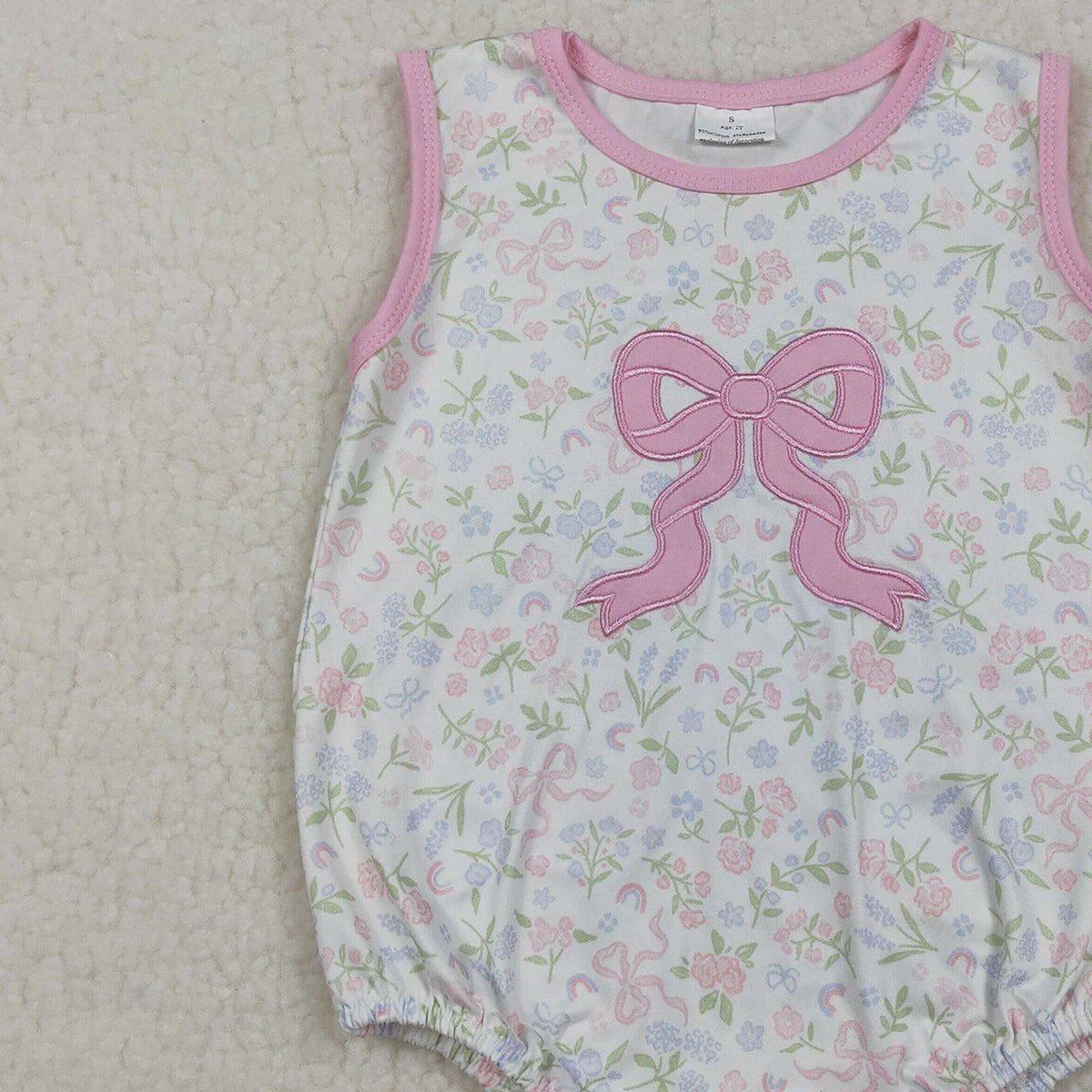 3.30 SR3727 Embroidery Pink Bow Baby Girls Sleeveless Flowers Ruffle Rompers