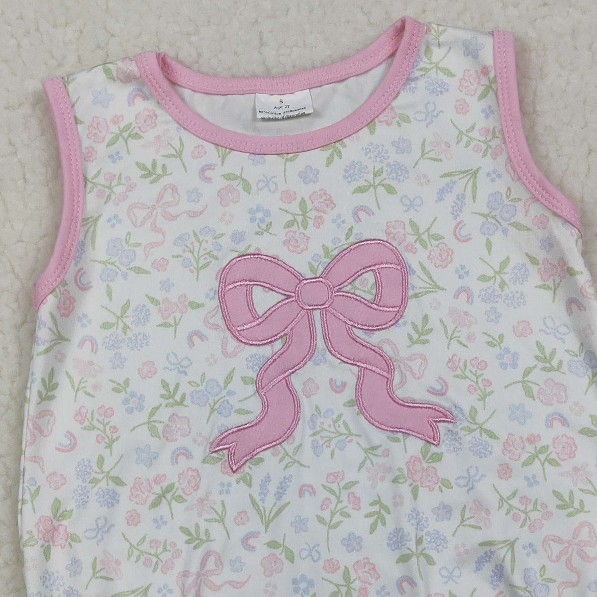 3.30 SR3727 Embroidery Pink Bow Baby Girls Sleeveless Flowers Ruffle Rompers