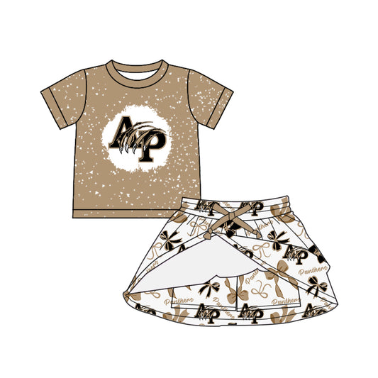 6.11 Khaki Letter Short Sleeve Skirt Pants Set