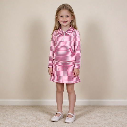 NEW RTS NO MOQ yoga fabric GLD1699(GT1783+GLK0335) Yoga Baby Girls Pink White Striped Half Zip Pocket Long Sleeve Top And Skort Yoga Set