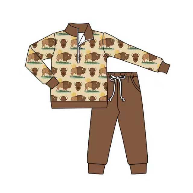 X904Preorder (moq 5)Baby Boys Brown Bulls Zipper Pullover Pockets Jogger Western Clothes Sets