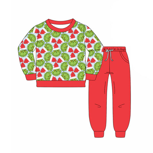 8.8Preorder(moq 5) Baby Boys Green Face Plaid Top Pockets Legging Pants Christmas Set