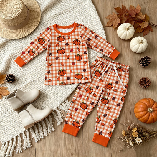 NEW RTS NO MOQ milk silk BLP1540（BT1929+P1198）Baby Boys Leaves Pumpkins Checked Top Pockets Joggers Fall Clothes Set