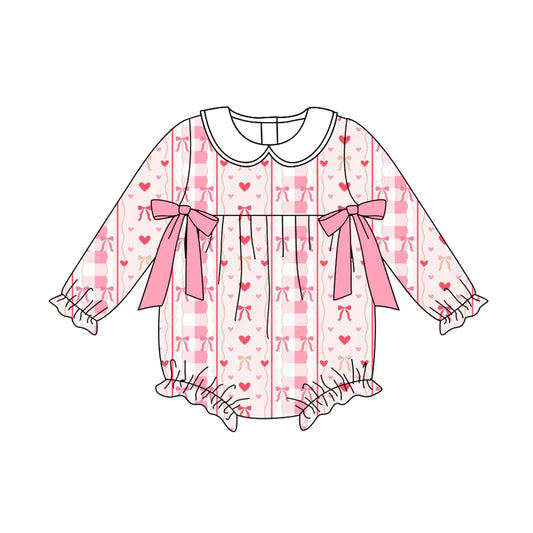 7.19Preorder(moq 5)Baby Girls Pink Hearts Bows Stripe Ruffle Rompers
