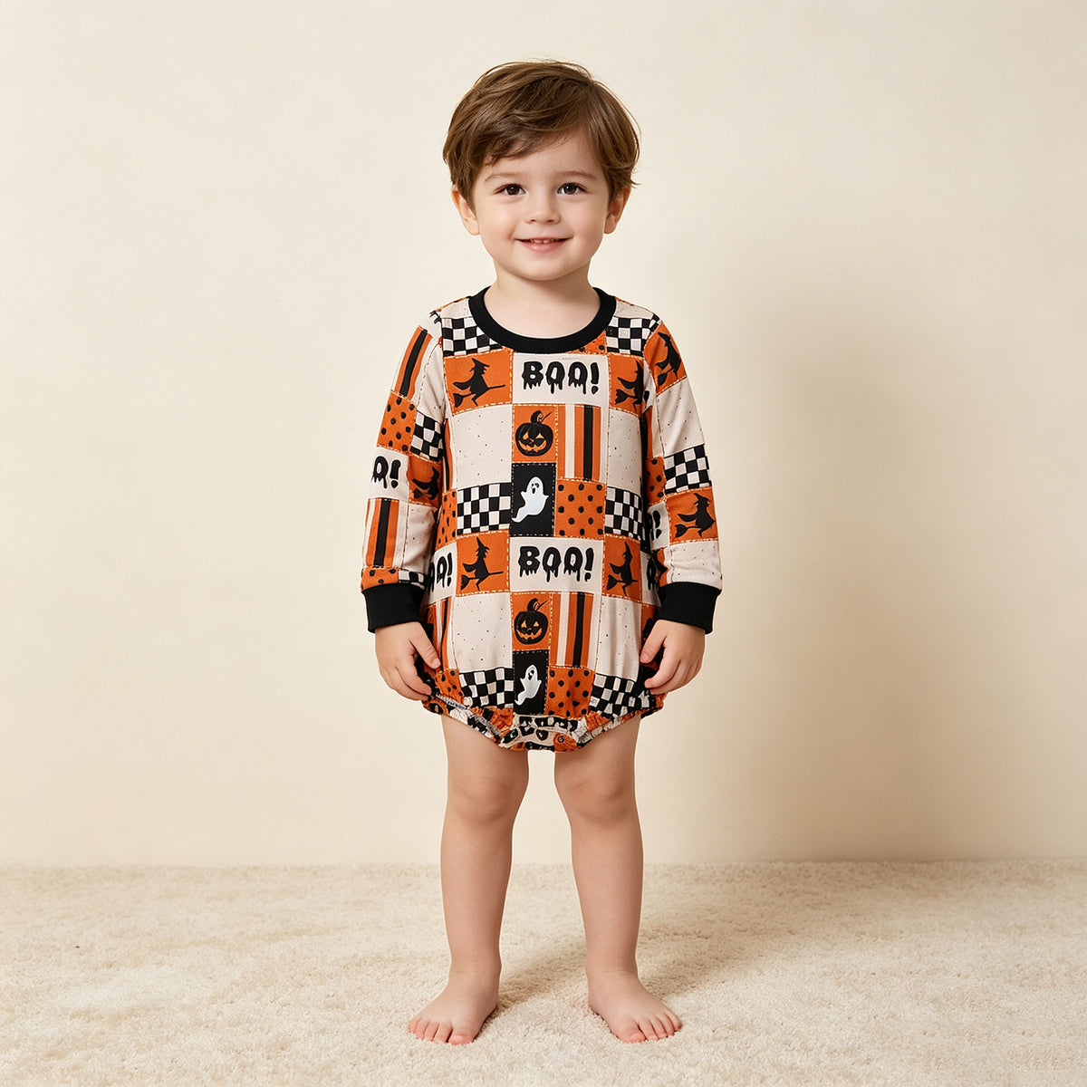 NEW RTS NO MOQ milk silk LR3239 Baby Boys Long Sleeve BOO Ghost Pumpkins Halloween Romper