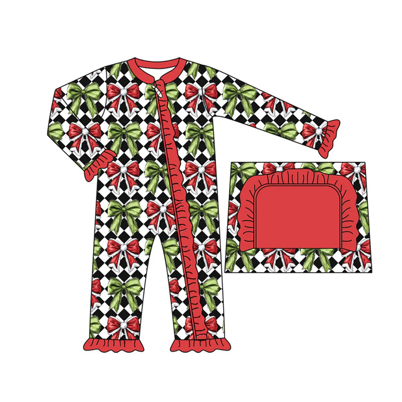 8.7preorder(moq 5)Baby Infant Girls Green Red Bows Plaid Ruffle Christmas Zipper Rompers