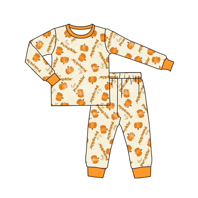 7.9Preorder (moq 5)Baby Boys Long Sleeves Turkey Pumpkins Top Pockets Pant Pajamas Clothes Set