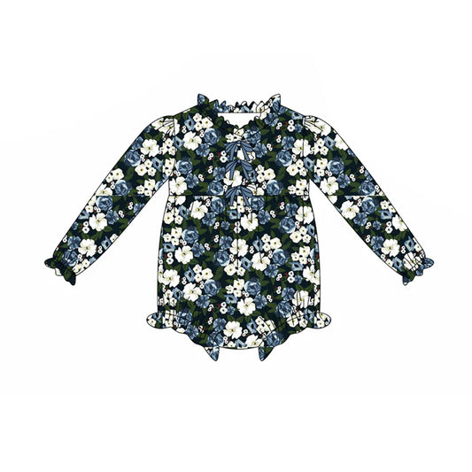 8.6Preorder(moq 5)Baby Infant Girls Navy Flowers Button Ruffle Rompers