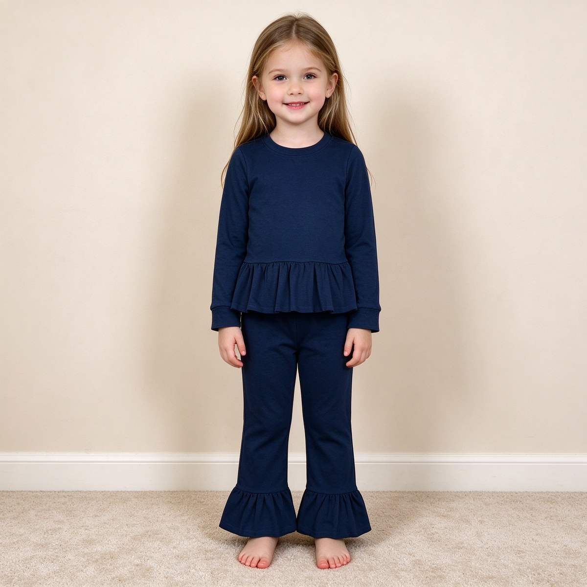 NEW RTS NO MOQ milk silk GLP3750 Baby Girls Navy Long Sleeve Tunic Ruffle Pant Clothes Set