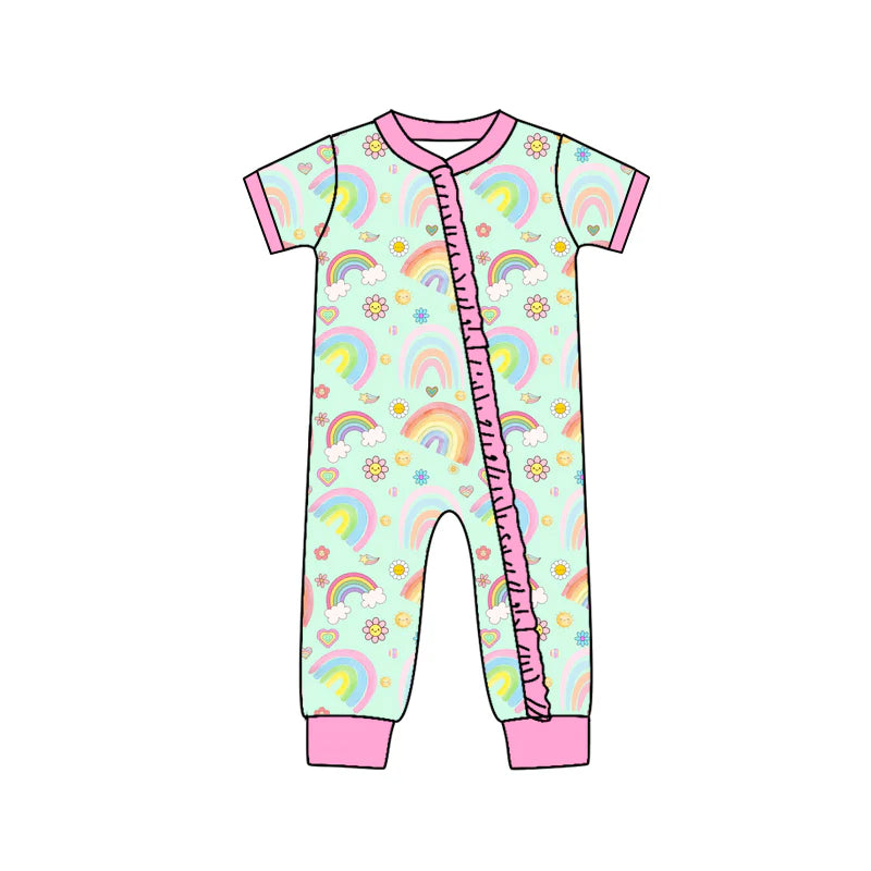 X1.15 Preorder (moq 5)Baby Girls Rainbow Hearts Valentines Two Way Ruffle Zip Convertible Rompers