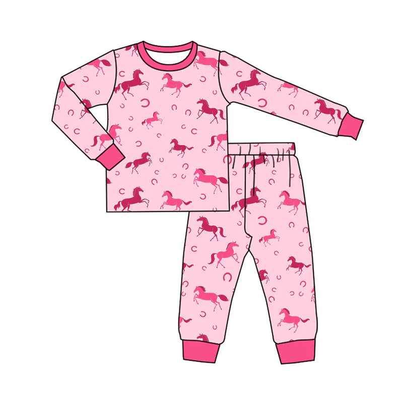 X920Preorder (moq 5)Baby Girls Pink Horse Shoes Top Pants Western Pajamas Set